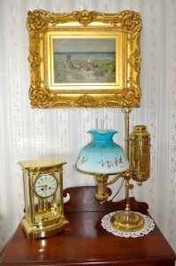 Tiffany Student Lamp,Tiffany crystal regulator clock,19th century beach scene oil on canvas painting.