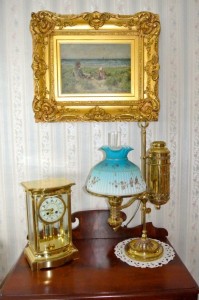 Tiffany Student Lamp,Tiffany crystal regulator clock,19th century beach scene oil on canvas painting.